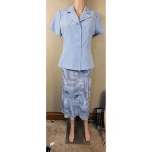 Tabloid Blue 2pc Skirt Suit Floral Midi Skirt Career Office Women's Size 8